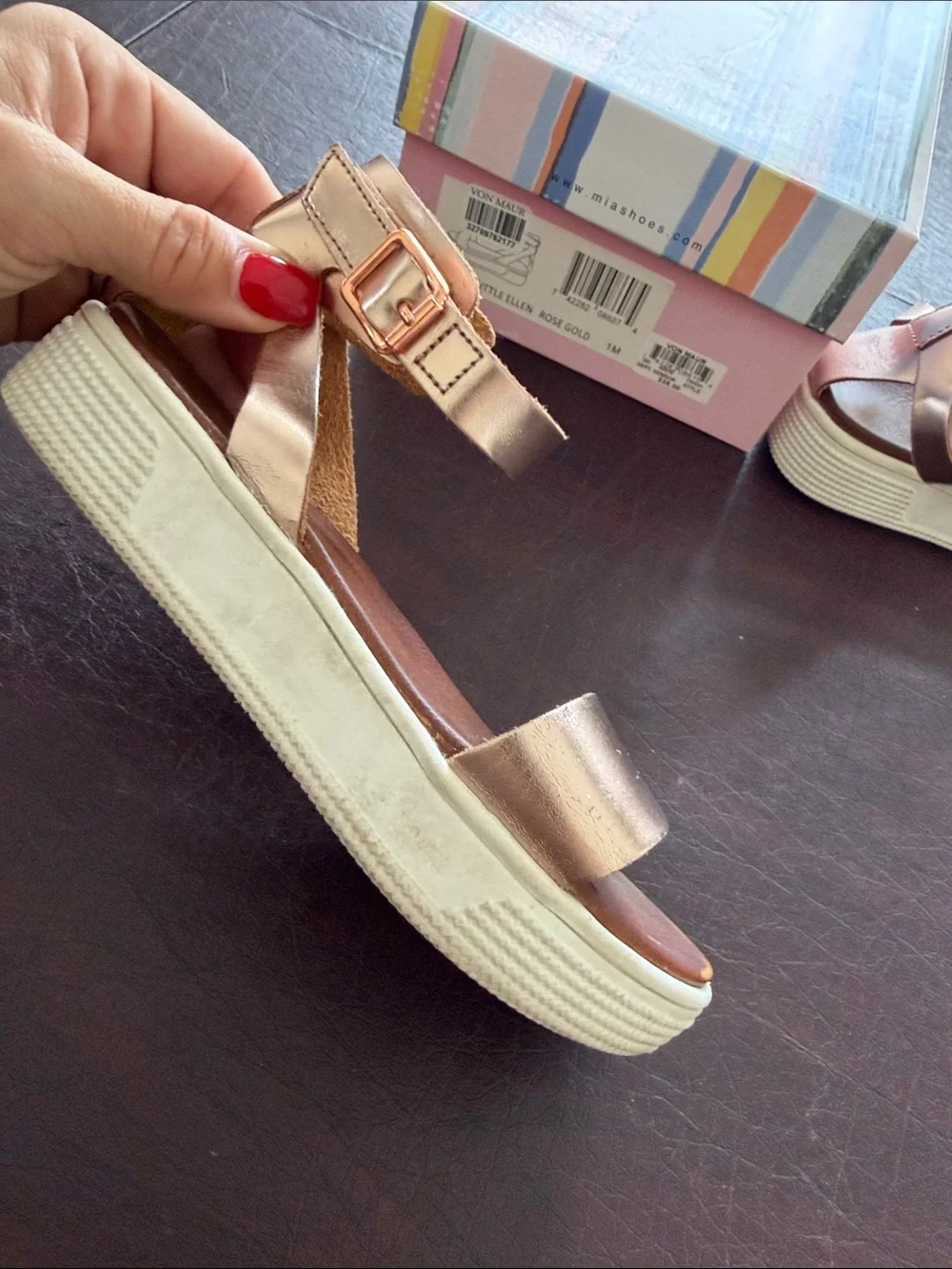 MIA Girls Metallic Rose Gold and Brown Ankle Strap Sandals Size 1